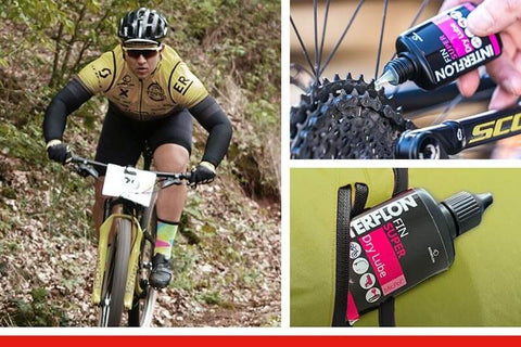 Cyclist using a Multipurpose Dry Film Lubricant With Long Lasting Penetrating Action For Indoor And Outdoor Use on bike chain