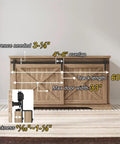 5 Ft Bypass Barn Door Hardware Kit With Single Track 60 Inch Sliding Track For Small Cabinets And Double Doors Storage Closet TV Stand Wardrobe No Brainer DIY Install installed on a wooden cabinet with measurements shown.