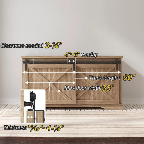 5 Ft Bypass Barn Door Hardware Kit With Single Track 60 Inch Sliding Track For Small Cabinets And Double Doors Storage Closet TV Stand Wardrobe No Brainer DIY Install installed on a wooden cabinet with measurements shown.