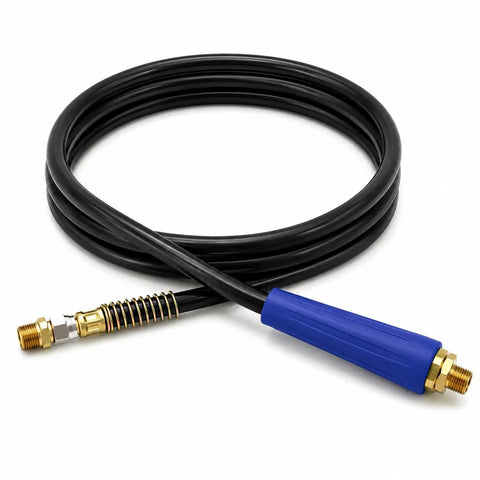 Badass Heavy Duty Black Rubber Air Line Service Hose 12 Feet Long With 3 8 Inch Id Perfect For Universal Truck Brake Jobs Featuring Tough Blue Gladhand Grip Connector That Goes Straight On Without Leaking Air Pressure While You Crank Up The Rig, coiled