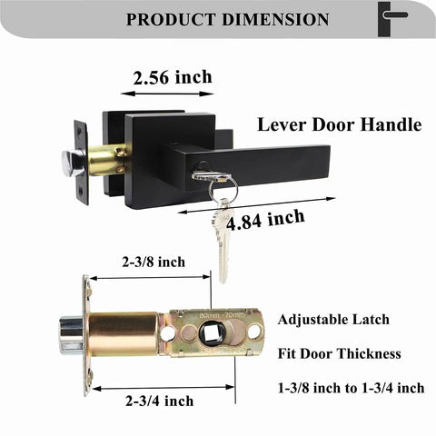 Keyed Entry Door Lever Set For Exterior Front Door dimensions, matte black lever with key, adjustable latch size details