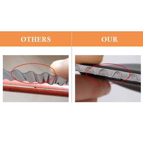 HTBMALL stainless steel crinkle cutter with black handle; wavy blade close-up edge view