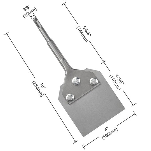 Beefy 4 Inch Wide Heavy Duty SDS Plus Floor Scraper For Tile And Thinset Removal With Replaceable 4 By 10 Inch Blade shown with dimensions
