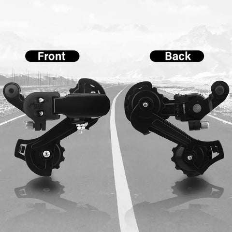 Front and back view of Solid Aluminum Rear Derailleur For Mountain And Road Bikes Direct Mount Hanger Fits 6/7/8/9/10 Speed Systems