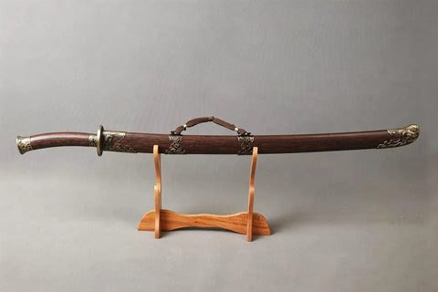 Folded Steel Dao Sword With Phoenix Motif, Handmade High Carbon Blade With 32,768 Layered Steel For Superior Flex And Edge in scabbard