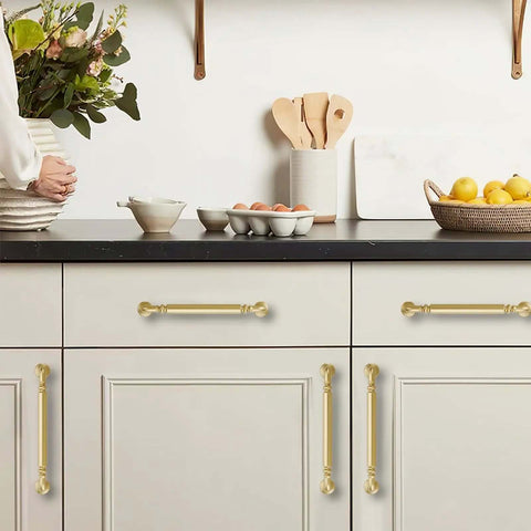 2 Pack 10 Inch Brushed Gold Cabinet Pulls For Kitchen And Bathroom Drawers Matte Gold Finish on white cabinets in modern kitchen