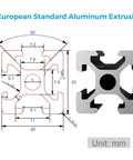 Technical diagram of 48 Inch Aluminum Extrusion Profile for 3D Printers and CNC DIY with measurements and European Standard specs.