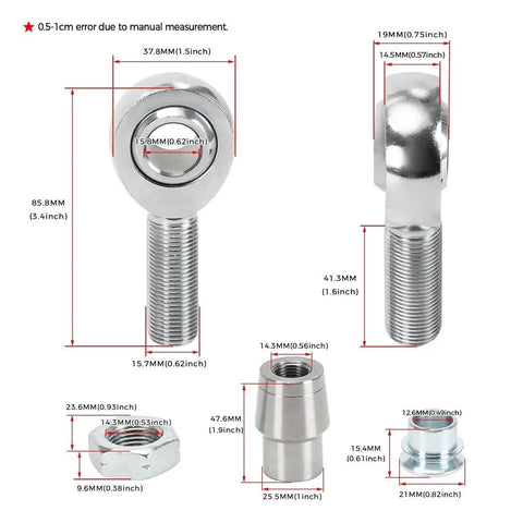 One Piece 5/8 Inch Heim Joints Rod End Kit Forged From Heavy Duty Chromoly Steel Featuring Precision Bearings for precise dimensions and details.