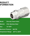 TAISHER 316L stainless steel one-way check valve, 1/4" NPT male x 1/4" NPT female