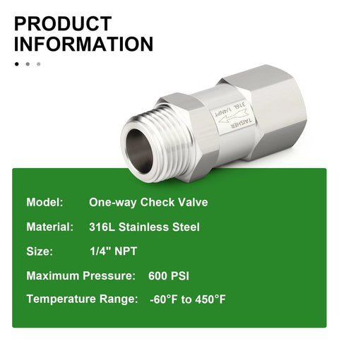 TAISHER 316L stainless steel one-way check valve, 1/4" NPT male x 1/4" NPT female