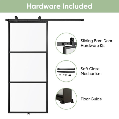 40 Inch By 96 Inch Frosted Glass Barn Door With Top Mounted Hardware Kit, Soft Close Mechanism, Black Carbon Steel Frame, Tempered Glass Sliding Door