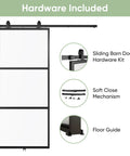 34x84 Inch Frosted Glass Barn Door With Black Carbon Steel Frame Top Mounted Hardware Kit displayed with components