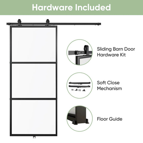 34x84 Inch Frosted Glass Barn Door With Black Carbon Steel Frame Top Mounted Hardware Kit displayed with components