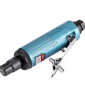 Slick Compact Air Pneumatic Angle Grinder For Fast Cut Through Metal And Rust With No Fuss Handling And Smooth Quiet Grinding Action For Any Pro Shop Or Garage In Metallic Blue side view with trigger and hose attachment.