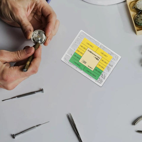 Essential Stainless Steel Watch Repair Screw Set Including Ten Individual Micro Screw Varieties for precise watch maintenance, tools in view.