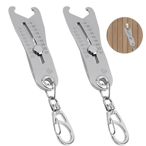 Front view of 2 Aphohome bolt size finder keychains; stainless steel, dual-scale metric/SAE thread gauge.