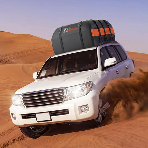 Road Trip Ready Rooftop Cargo Carrier Bag 15 Cubic Feet Waterproof Heavy Duty 840D Car Roof Bag on white SUV in desert