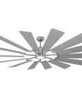 Heavy Duty 72 Inch Outdoor Ceiling Fan With Dimmable Led Light and Hand Remote Control 14 Rustic Wood Blades Brushed Steel Housing view from below