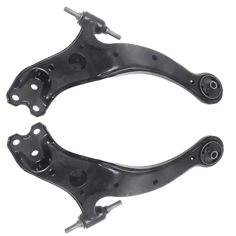 Front view: pair of lower control arms for Toyota Avalon/Sienna/Solara; black metal, 2-piece suspension kit.