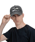 Black And White Piano Grid Print Denim Baseball Cap With Adjustable Metal Buckle Unisex Cotton Snapback Hat worn by a model.