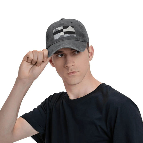Black And White Piano Grid Print Denim Baseball Cap With Adjustable Metal Buckle Unisex Cotton Snapback Hat worn by a model.