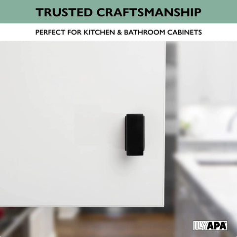 Flat Black Rectangle Cabinet Knobs Set, 25 Pack Kitchen Drawer Handles shown on white cabinet