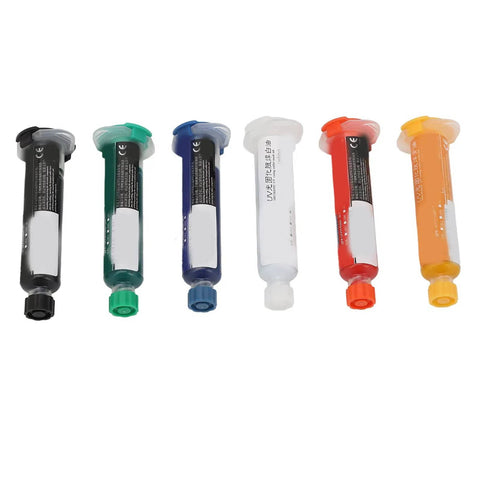 Light Curing Solder Mask Ink For PCB And BGA Repair 6 Pack in assorted colors, fast dry oil formula, protects copper, cuts shorts