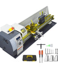 Heavy Duty 8X24 Inch Benchtop Metal Lathe Workhorse 1100W Brushless Gearless Motor 50 2500 Rpm with accessories and controls.