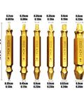 Six Piece Screw Extractor Drill Bit Set for Stripped and Broken Screws, Pro Grade Kit with dimensions and high-speed steel.