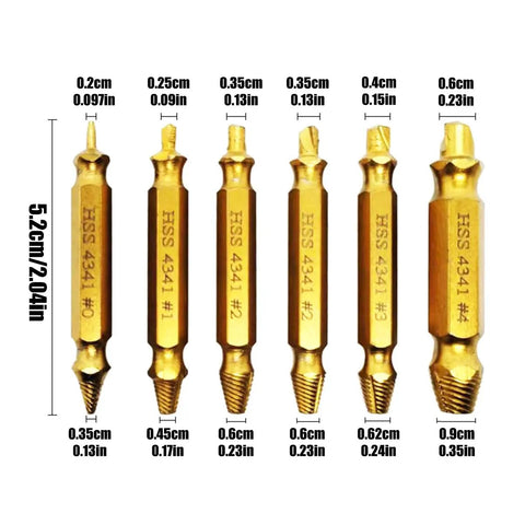 Six Piece Screw Extractor Drill Bit Set for Stripped and Broken Screws, Pro Grade Kit with dimensions and high-speed steel.