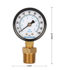Front view of Measureman 2-inch well pump pressure gauge with brass 1/4-inch NPT male fitting and 0–100 psi scale