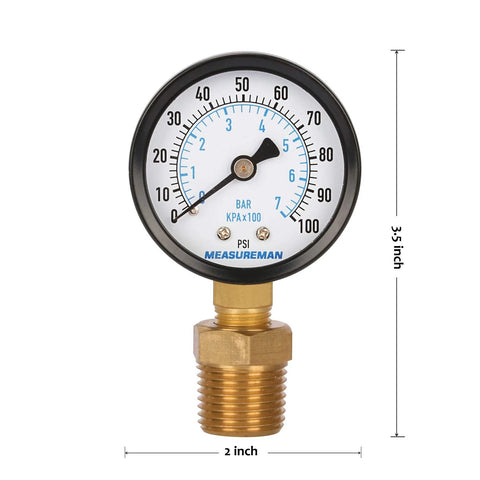 Front view of Measureman 2-inch well pump pressure gauge with brass 1/4-inch NPT male fitting and 0–100 psi scale