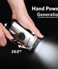 Person rotating handle of Go To Solar Powered Hand Crank Flashlight For Camping And Outdoors, showing hand power generation.