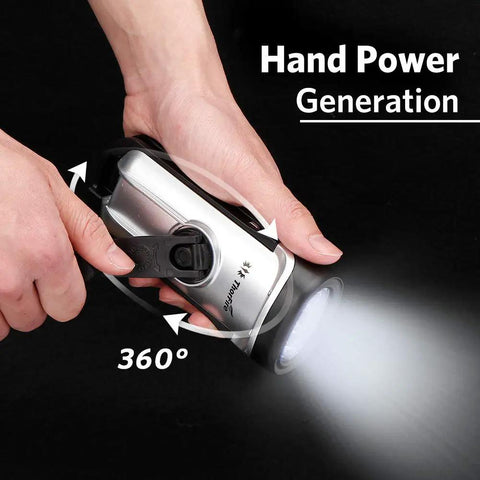 Person rotating handle of Go To Solar Powered Hand Crank Flashlight For Camping And Outdoors, showing hand power generation.
