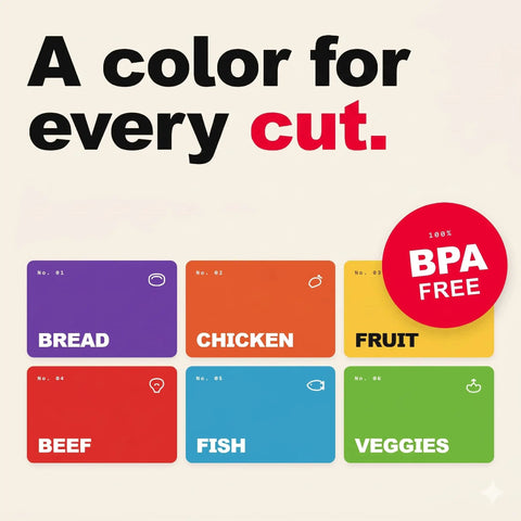 Top Shelf Bamboo Cutting Board Set With Six Color Coded Flexible Mats and Smart Storage Holder for Effortless Meal Prep BPA Free showing color coded mats.
