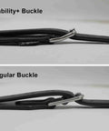 Comparison of Stability Plus Wide Body English Stirrup Leathers for Jumpers and Dressage with regular buckle showing reduced bulk