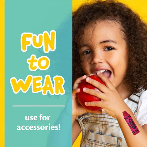 Crayola First Aid Kit, 30 pieces; child with pink Band-Aid on arm beside teal FUN TO WEAR panel.