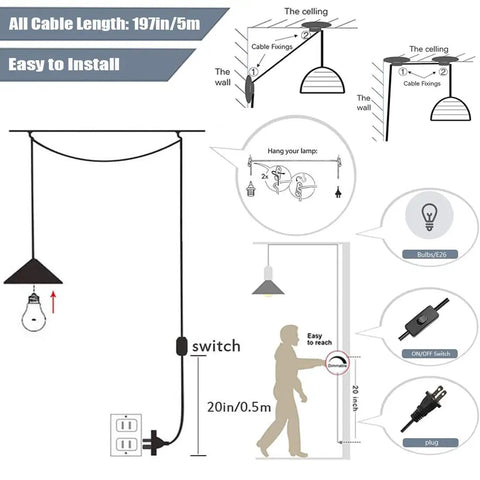Diagram of Resin Moon Pendant Lamp With Plug In Adjustable Cord 3D Printed Hanging Ceiling Light Fixture, installation instructions.