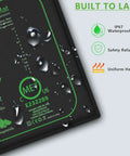 Close-up of Seedling Heat Mat with water droplets showing IP67 waterproof, MET certified label, size 10 x 20.75 inches.