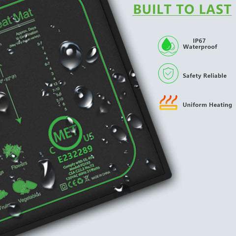 Close-up of Seedling Heat Mat with water droplets showing IP67 waterproof, MET certified label, size 10 x 20.75 inches.