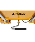 Heavy Duty Double Scissor Hydraulic Lift Cart Pack Of 10 With Rock Solid 1760 Lb Rating and roomy handle on a yellow platform.