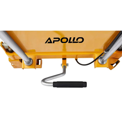 Heavy Duty Double Scissor Hydraulic Lift Cart Pack Of 10 With Rock Solid 1760 Lb Rating and roomy handle on a yellow platform.