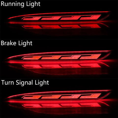 Sequential Flow Rear Bumper Stop Lamp And Running Drl Light With Dynamic Turn Signal For Tesla Model S 2014 Through 2020 in red showing running, brake, and turn signal functions.