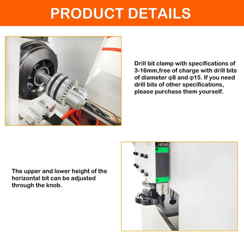 Image showing drill bit clamp and adjustable knob of Heavy-Duty Pneumatic Hinge Boring And Drilling Machine For Woodworking Vertical And Horizontal Drill Press With Adjustable Depth 110V Electric Hole Puncher Supports 3-16mm Bits Precision Push Button Control