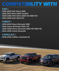 Compatibility list for GMC, Chevy, and Cadillac with three vehicles, related to LED Truck Bed Light For Chevy Silverado And GMC Sierra 2019 To 2026 White Rear Cargo Area Lamp OEM Replacement Fits 1500 2500HD 3500HD Trucks Easy Plug In Lighting Upgrade Must Have.