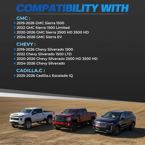 Compatibility list for GMC, Chevy, and Cadillac with three vehicles, related to LED Truck Bed Light For Chevy Silverado And GMC Sierra 2019 To 2026 White Rear Cargo Area Lamp OEM Replacement Fits 1500 2500HD 3500HD Trucks Easy Plug In Lighting Upgrade Must Have.