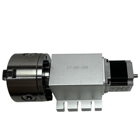 High Precision Harmonic Drive Reducer Dividing Head 4th Axis CNC Rotary Axis With 100mm Chuck And Three To Four Jaw Chuck 50 To 1 Speed Reduction Ideal For Woodworking Tools Milling And Engraving. side view with stepper motor and 100mm chuck