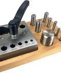 Eight Piece Disc Cutter Set For Quick Circle Cutting With Lever Clamp One Eighth Inch To One Inch Sizes Handles Up To Fourteen Gauge Non Ferrous Metal Pro Grade Cutting Tool With Sturdy Wooden Base Storage on display