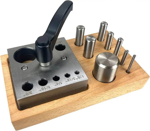Eight Piece Disc Cutter Set For Heavy Duty Circle Cutting One Eighth To One Inch Punches Lever Clamp Sturdy Wooden Base