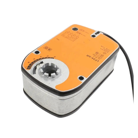 Heavy Duty 24 Volt Rotary Actuator Featuring A Fail Safe Shut Off For Hvac Ventilation Drives With 4 Nm Torque side view showing steel casing and adjustable settings.